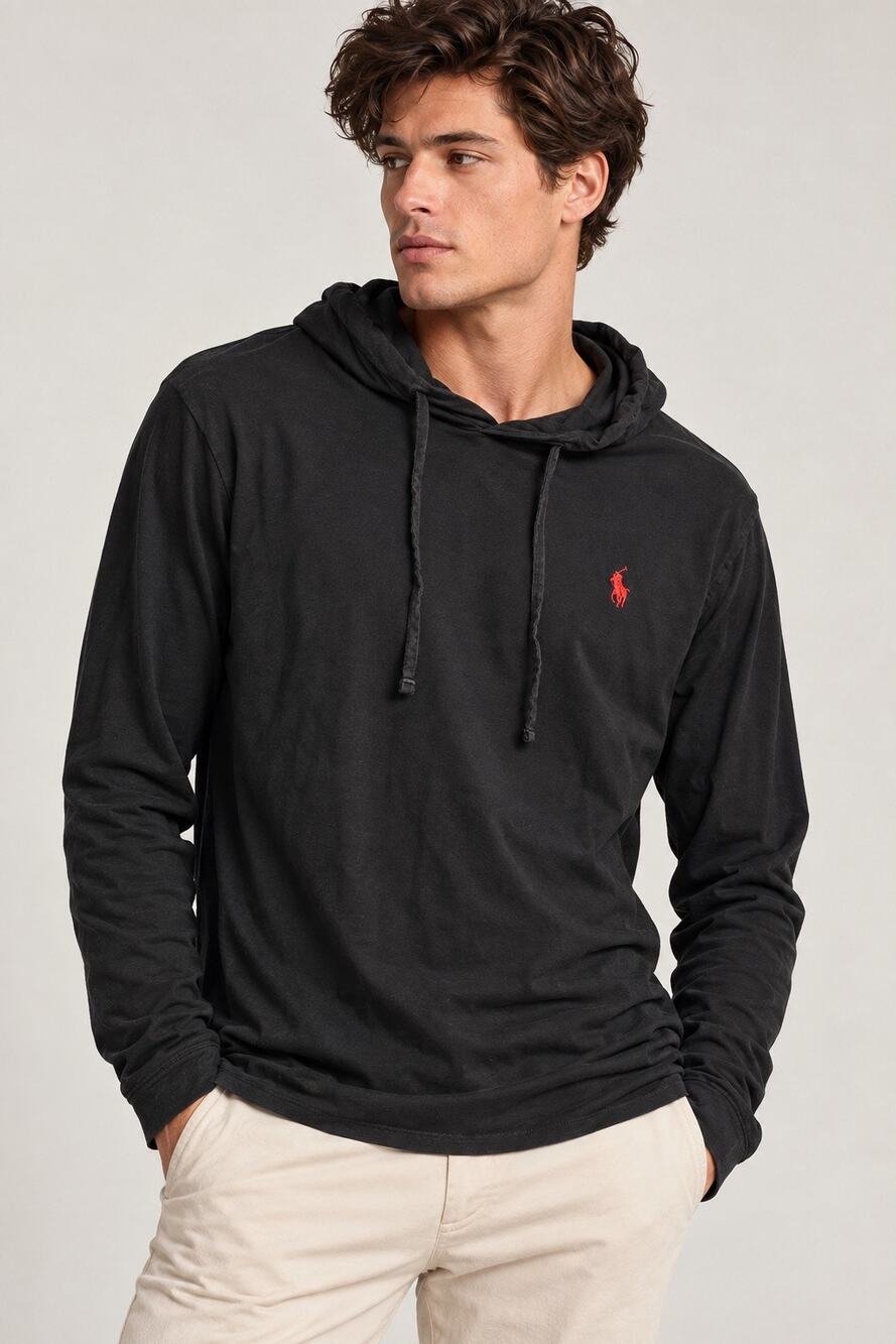 Polo Ralph Lauren Mens Large Black Cotton Jersey Hooded Tee Red Pony Classic Fit